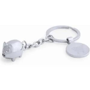 A keychain featuring a shiny silver pig design, attached to a metal ring with a round tag.