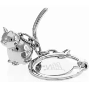 A silver keychain featuring a cat design with a small chain and a circular attachment.