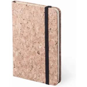 A cork-covered notebook with a black elastic band closure. It has a simple, natural design.