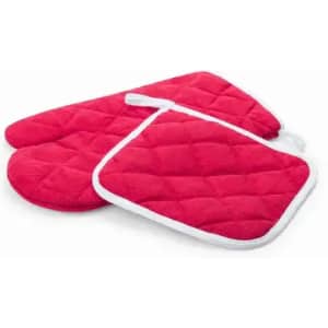 A set of red kitchen oven mitts and pot holders with a textured quilted design, featuring white trim.