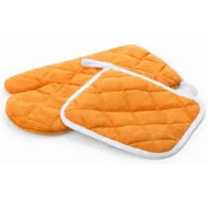 A set of orange quilted oven mitts and a pot holder, featuring a soft texture and white trim.