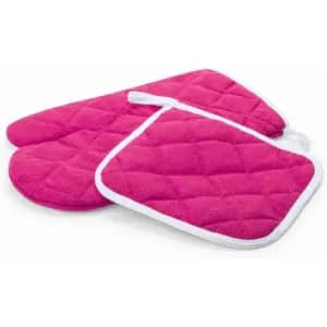 A set of bright pink kitchen items, including an oven mitt and a pot holder, with a quilted texture and white trims.