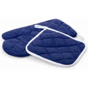 A set of navy blue oven mitts and a pot holder with a quilted pattern and white trim.
