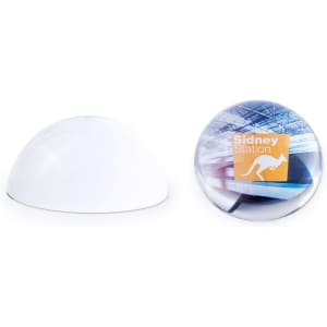 A promotional product featuring a transparent dome with a base and a colourful image of a kangaroo and text.