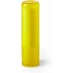 A drink bottle in bright yellow with a clear design and a circular top, featuring a logo.