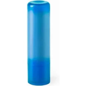 A drink bottle in translucent blue, featuring a round top and a sleek cylindrical design, with a branding logo.