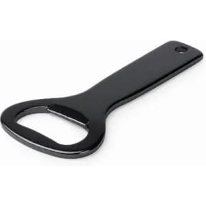 A black bottle opener with a sleek, minimalist design and a rounded handle.