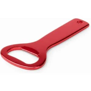 A red bottle opener with a flat handle and a looped end, featuring a branding logo.