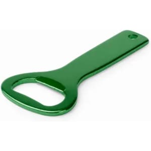 A green metal bottle opener with a smooth finish and a hole at one end for easy storage.