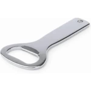 A bottle opener in a sleek, shiny silver finish, featuring a classic design with a wide handle.