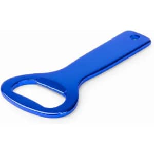 A drink bottle opener in a glossy blue finish, featuring a circular handle and a flat blade.