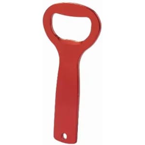 A bottle opener in a shiny red finish with a classic design and a hole for easy storage.