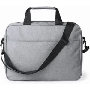 A grey laptop bag with a handle and adjustable shoulder strap, featuring a simple design and a front pocket.