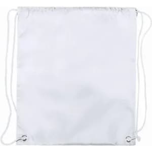A drawstring bag in white fabric with two metal eyelets for the strings. Simple and functional design.