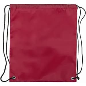A drawstring bag in red with black cords and eyelets for closure, featuring a simple, solid design.