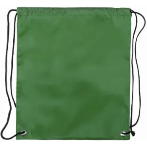 A green drawstring bag with black cords. The bag is plain and features grommets at the bottom.