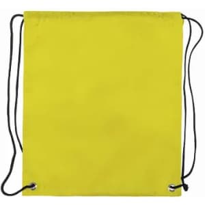 A drawstring bag in bright yellow with black cords and metallic eyelets. It features a simple, solid design.