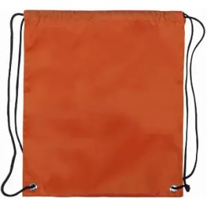 An orange drawstring bag with black cords, displaying a smooth, non-textured surface.