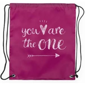 A drawstring bag in vibrant pink featuring the text "you are the ONE" with an arrow design and a branding logo.