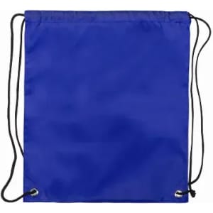 A blue drawstring bag with a solid design and black cords on either side. It includes eyelets for the drawstring.