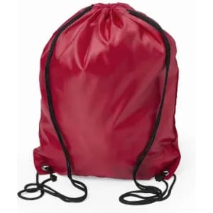 A red drawstring backpack with black cords. The surface is shiny and smooth. It features a simple design without logos.