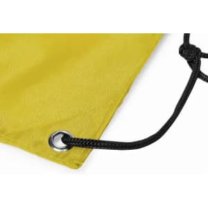 A yellow drawstring bag featuring a black cord and metal eyelet at the bottom corner.
