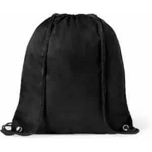 A black drawstring bag with cord straps and eyelets, featuring a plain design and a simple logo.