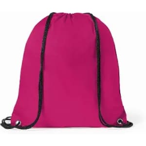 A drawstring bag in bright pink with black drawcords and eyelets, featuring a plain design with a logo.