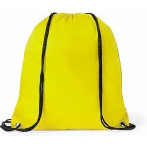 A drawstring bag in bright yellow, featuring black cords and an attached logo.