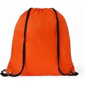 An orange drawstring bag with black cords and eyelets, featuring a logo on the front.