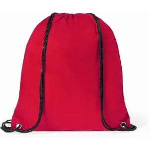 A red drawstring bag featuring black cords and a simple design, suitable for various uses.
