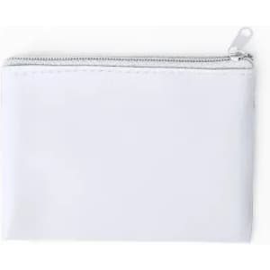 A white zippered pouch with a simple, sleek design, featuring a silver zipper.