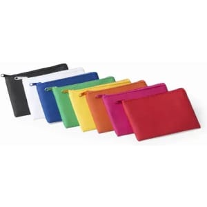 A collection of zippered pouches in black, white, green, blue, yellow, orange, pink, and red. Each pouch has a logo.