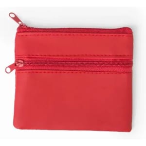 A red zippered pouch with two compartments and a smooth finish. It features a logo on the front.