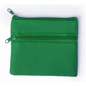 A green zippered pouch with two compartments and matching zipper pulls.