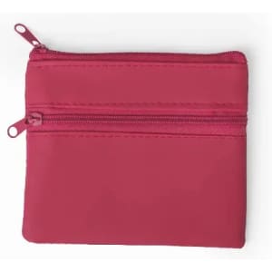 A pink wallet with two zippers and a smooth finish. It includes a logo on the front.