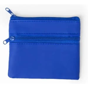 A blue zippered pouch featuring two compartments and a smooth surface. It has a simple design and a single branding logo.