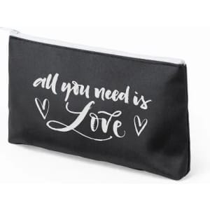 A black cosmetic pouch with a white printed design that reads "all you need is Love" surrounded by hearts.