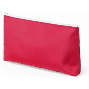 A red fabric pouch with a white zipper, designed for carrying small items.