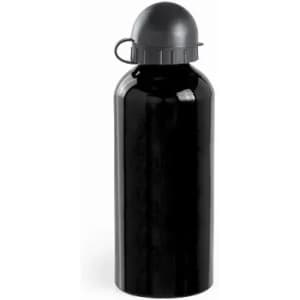 A drink bottle in shiny black with a rounded black cap and a loop for carrying. Features a logo on the side.