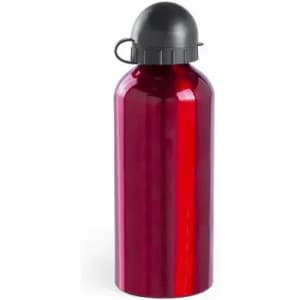 A drink bottle in a shiny red colour with a black cap and a metal loop for carrying. It features a logo.