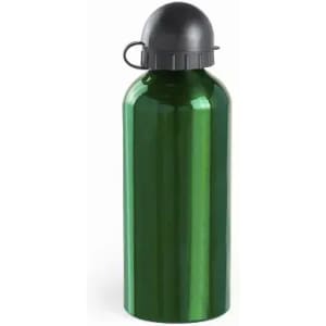 A drink bottle in shiny green with a black cap and a loop for carrying. It features a logo on the front.