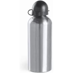 A drink bottle in silver stainless steel with a black cap and a loop for easy carrying.