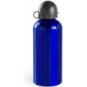 A drink bottle in shiny blue with a black cap and a metal loop. It features a logo on the side.
