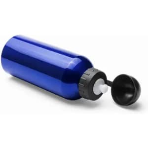 A drink bottle in a shiny blue finish with a black cap and a spout. It features a logo on the side.