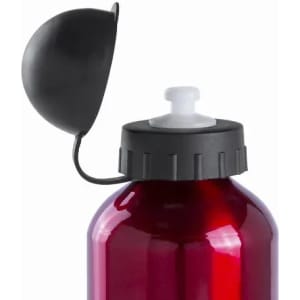 A drink bottle in a deep red colour featuring a black cap and a flip-top lid. It has a logo on the bottle.