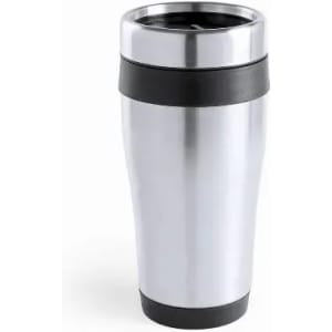 A drink bottle with a stainless steel finish and a black band, featuring a spill-resistant lid.