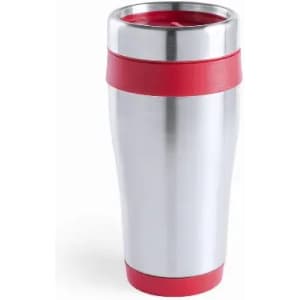 A drink bottle with a stainless steel body and a red silicone band around the centre. It features a lid on top.