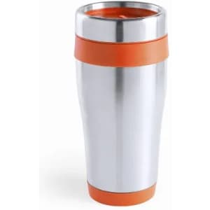 A drink bottle with a shiny silver body and an orange silicone band, featuring a covered lid.
