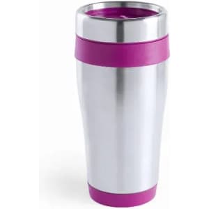 A drink bottle featuring a stainless steel body with a pink silicone band and lid. It has a sleek, modern design.